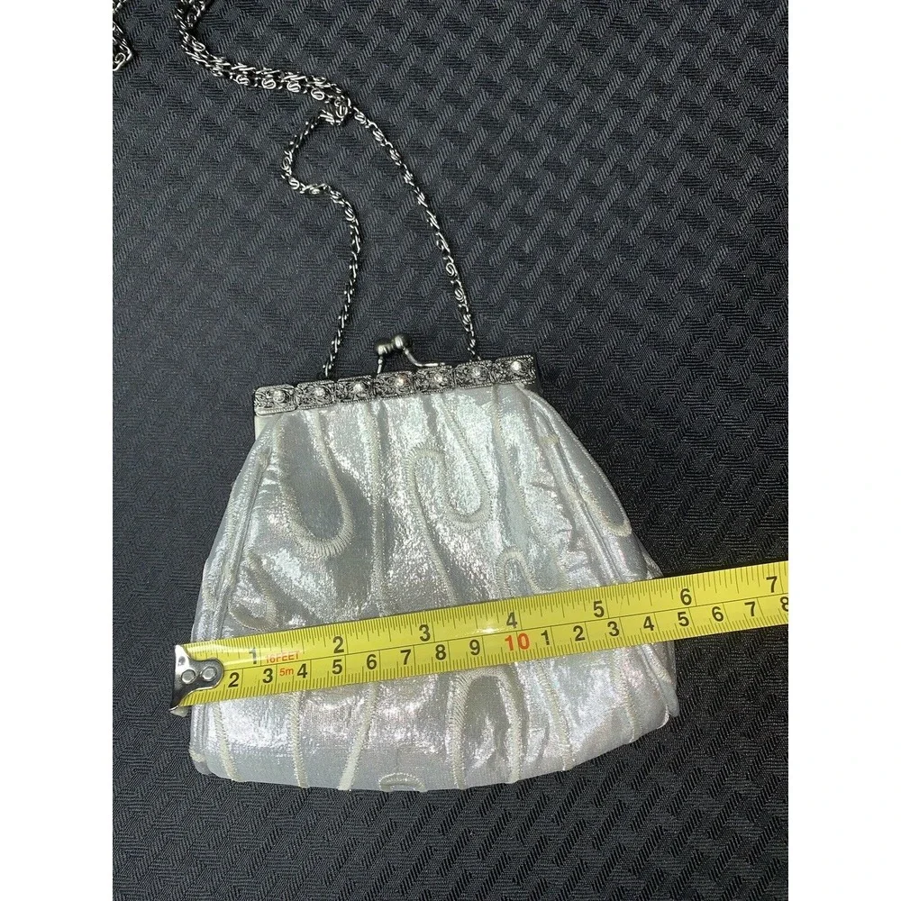 Purse Evening Bag Vintage Silver Embroidered Rhinestones Prom Wedding Formal - Picture 4 of 16